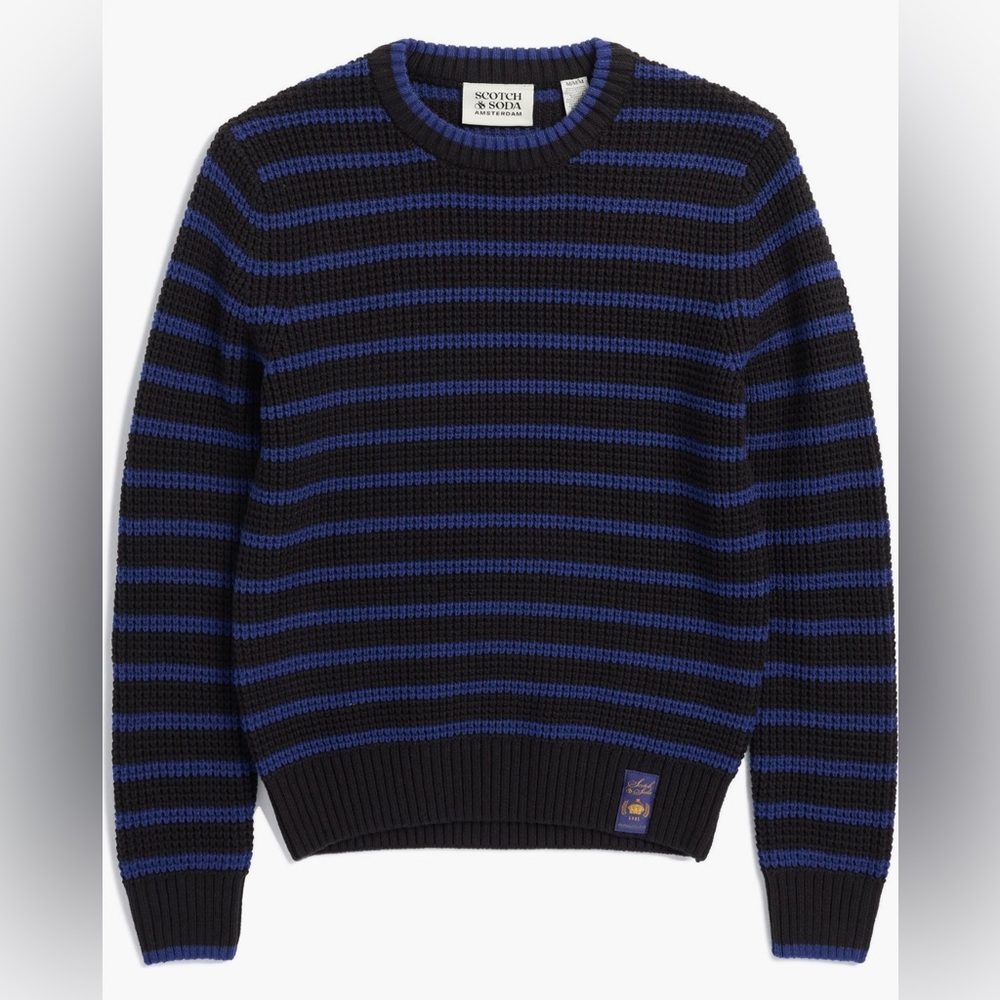 NWT Scotch & Soda Boy’s‎ Waffle-Knit Stripe Crewneck Sweater Black and Blue-L